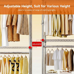 English Elm Heavy Duty Carbon Steel Rolling Garment Rack with Wire Shelving Dual Rods and Side Hooks Chrome W5386P480827
