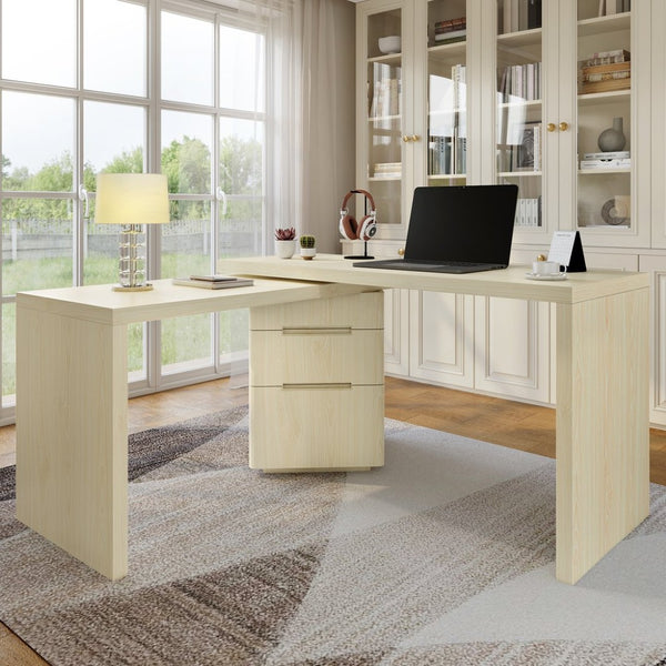 English Elm 90" Rotating L-shape Executive Desk Natural Melamine Mdf Surface Three Drawers Home Office Natural Wood N751S383638K