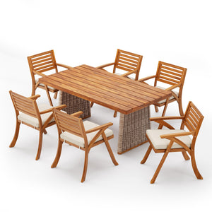 English Elm Christopher Knight Home® - Outdoor 7-Piece Acacia Wood Dining Set With Cushioned Chairs & Handwoven Rattan Legs For Patios N773OD00044B