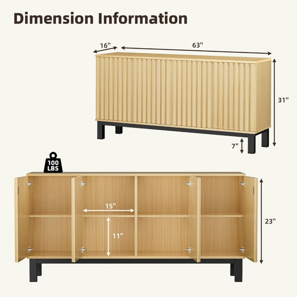 English Elm Sideboard Fluted Credenza with Soft Close Doors Walnut Finish Mid Century Storage T3773P417322