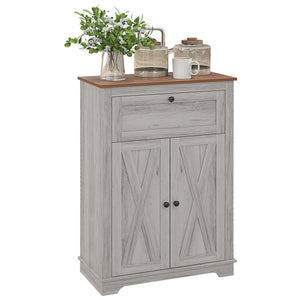 English Elm HOMCOM Rustic Farmhouse Sideboard Buffet Cabinet with Barn Doors, Drawer & Adjustable Shelves for Entryway Light Gray W2225P229126