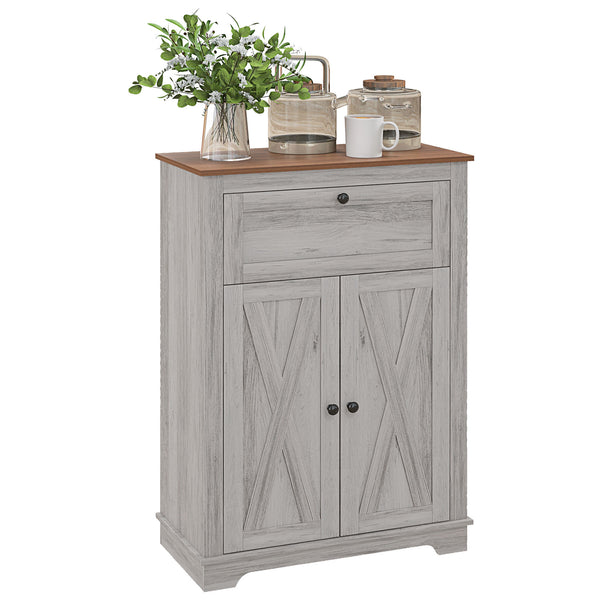 English Elm HOMCOM Rustic Farmhouse Sideboard Buffet Cabinet with Barn Doors, Drawer & Adjustable Shelves for Entryway Light Gray W2225P229126