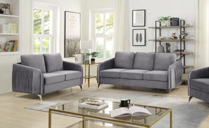 English Elm Hadriano Velvet Sofa and Loveseat Set with Channel Quilting and Chrome Legs Gray B2749S00137
