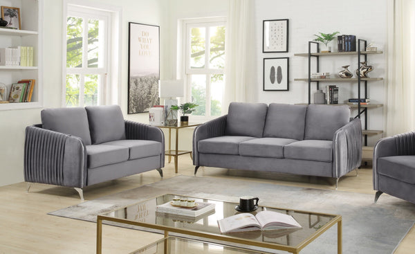English Elm Hadriano Velvet Sofa and Loveseat Set with Channel Quilting and Chrome Legs Gray B2749S00137