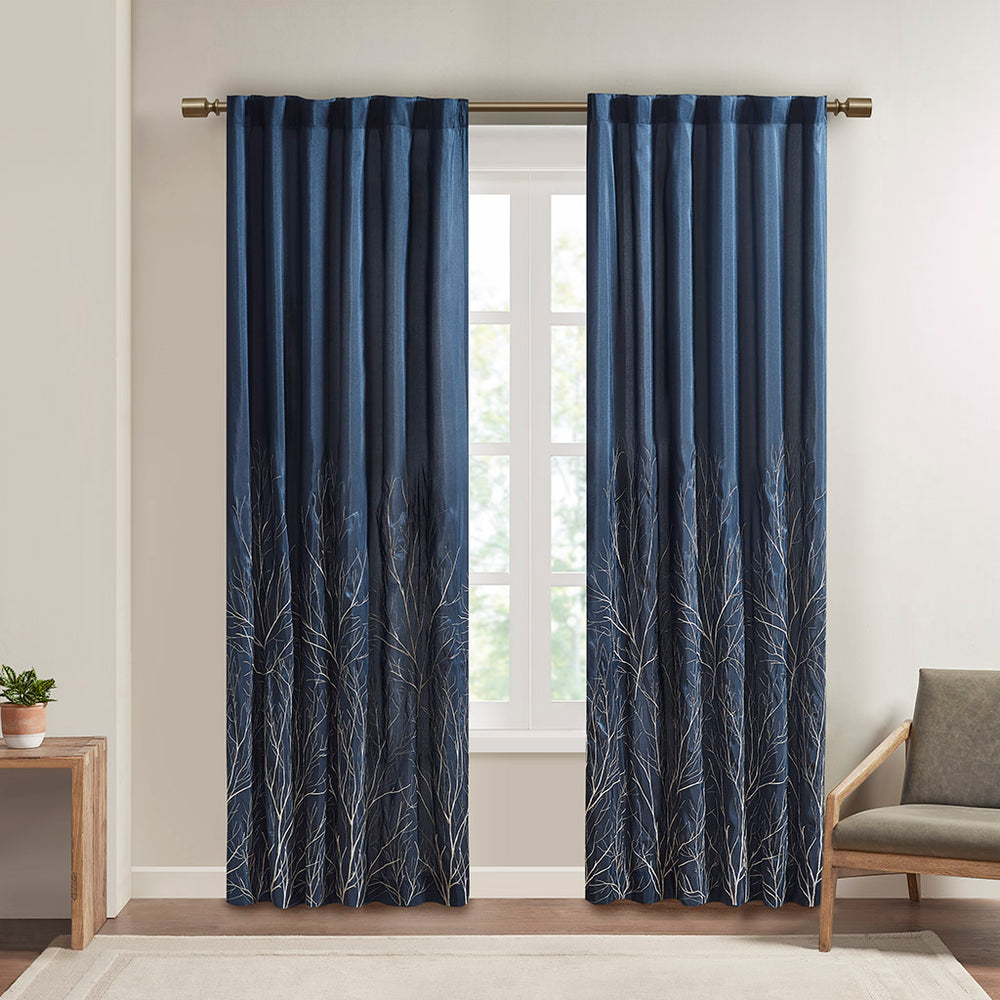 JLA Home Madison Park - Curtain embroidered faux silk panel with tree branch motif, lined for privacy, luxe sheen and drape Navy MP40-1782
