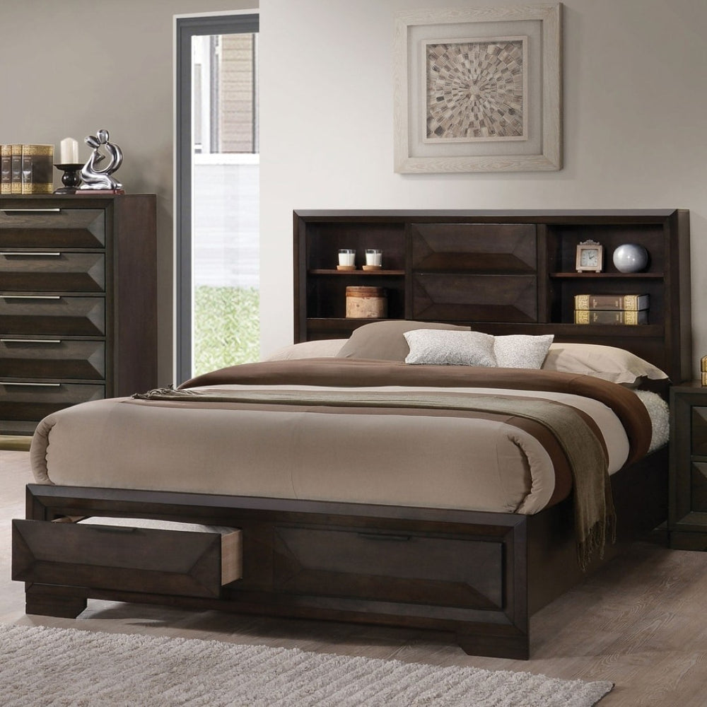 English Elm Contemporary Queen Storage Bed Bookcase Headboard Footboard Drawers Espresso Wood B2741S00895