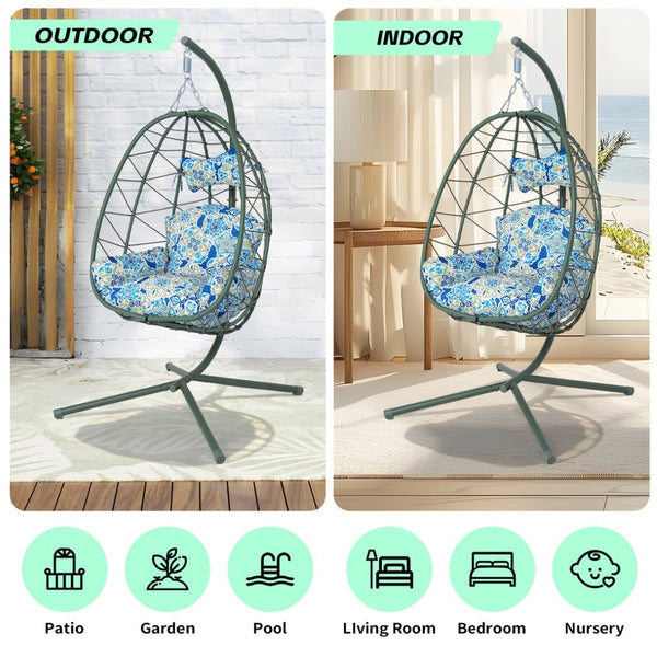 English Elm Hanging Egg Chair with Woven Pe Wicker Stand for Patio Balcony and Indoor Comfort T5880P497578
