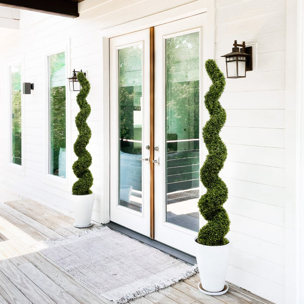 English Elm 6ft Spiral Topiary Faux Boxwood Potted Trees Uv Resistant Outdoor Porch Patio Set of 2 W2945P279013