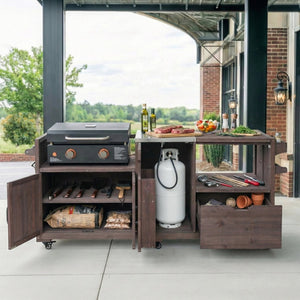 English Elm K&k 80.5 Inch Outdoor Kitchen Island Solid Fir Wood Stainless Steel Grill Cart Station Brown N707P392140Z