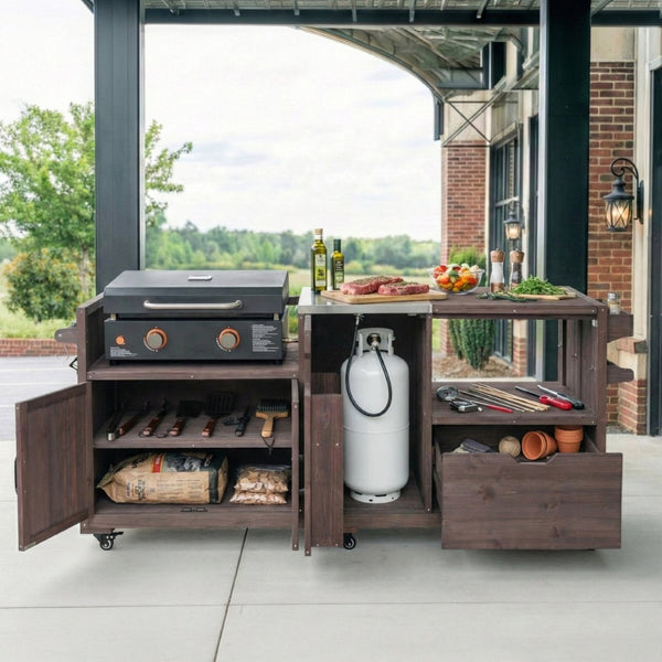 English Elm K&k 80.5 Inch Outdoor Kitchen Island Solid Fir Wood Stainless Steel Grill Cart Station Brown N707P392140Z