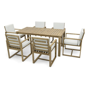 English Elm Patio Light Teak Acacia Wood Dining Set with Removable Beige Cushions, 6-Piece Outdoor Table & Chairs SZ000090AAA