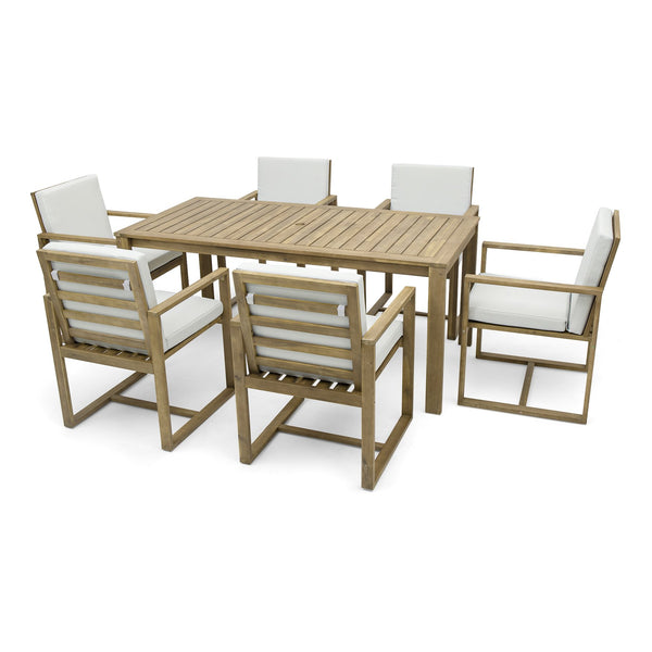English Elm Patio Light Teak Acacia Wood Dining Set with Removable Beige Cushions, 6-Piece Outdoor Table & Chairs SZ000090AAA