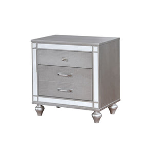 English Elm 2 Drawers Nightstand With Mirror Trim, Textured Silver Finish & Elegant Bun Feet For Modern Spaces B016P252337