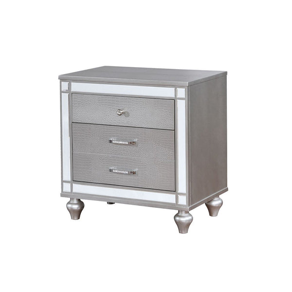 English Elm 2 Drawers Nightstand With Mirror Trim, Textured Silver Finish & Elegant Bun Feet For Modern Spaces B016P252337