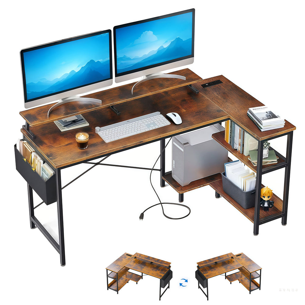 English Elm 47'' Gaming Desk with Power Outlets & USB, Reversible L-Shape Corner Desk with Monitor Stand, Storage Shelves and Side Bag for Small Spaces W3204P354196