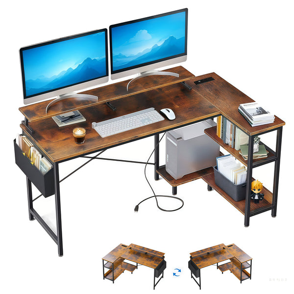 English Elm 47'' Gaming Desk with Power Outlets & USB, Reversible L-Shape Corner Desk with Monitor Stand, Storage Shelves and Side Bag for Small Spaces W3204P354196