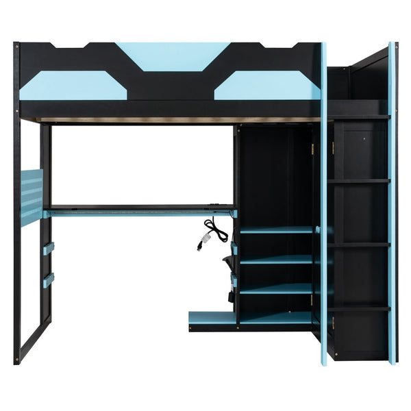 English Elm Full Size Loft Bed with Rgb Lighting Usb Charging Desk Wardrobe and Storage Shelves Blue LT000387AAC