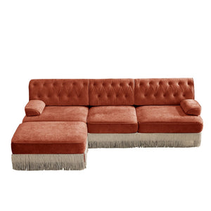 English Elm 3-seater Velvet Modular Sectional with Button Tufting Tassel Skirt and Wooden Base Red+Brown W714S01723