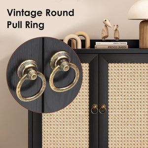 English Elm Sideboard Rattan Door Buffet Cabinet with Baffle Edge, Spacious Storage Credenza for Dining Hallway Black T3623P381057