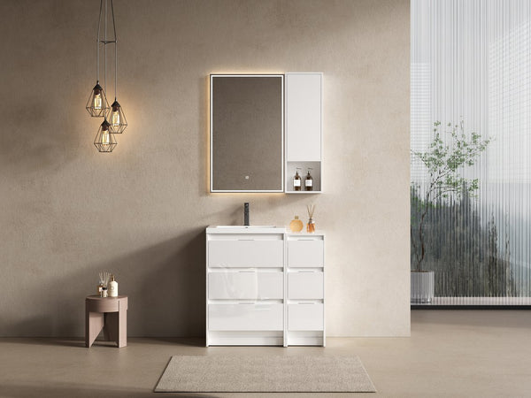 English Elm 36" Freestanding Bathroom Vanity Set With Resin Sink, Soft-Close Drawers, And Stylish Wall Cabinet W999S00434