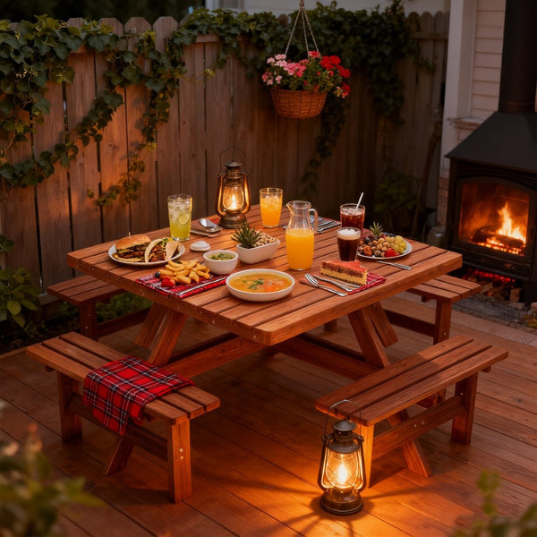 English Elm 8-person Square Wood Picnic Table with Umbrella Hole Reinforced Outdoor Dining Set W1422P392906