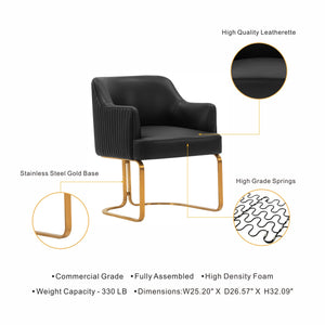 English Elm Raya Solid Wood Vegan Leather Dining Chair with Gold Geometric Base, Ribbed Back & High-Density Foam Black B365P397724