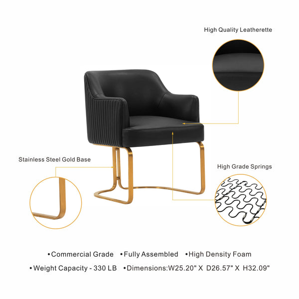 English Elm Raya Solid Wood Vegan Leather Dining Chair with Gold Geometric Base, Ribbed Back & High-Density Foam Black B365P397724