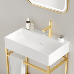 English Elm LOFI Ceramic Integrated Bathroom Vanity 24" with Rectangular Basin, Open Metal Shelf, Easy Clean Gold,White W2615S00080