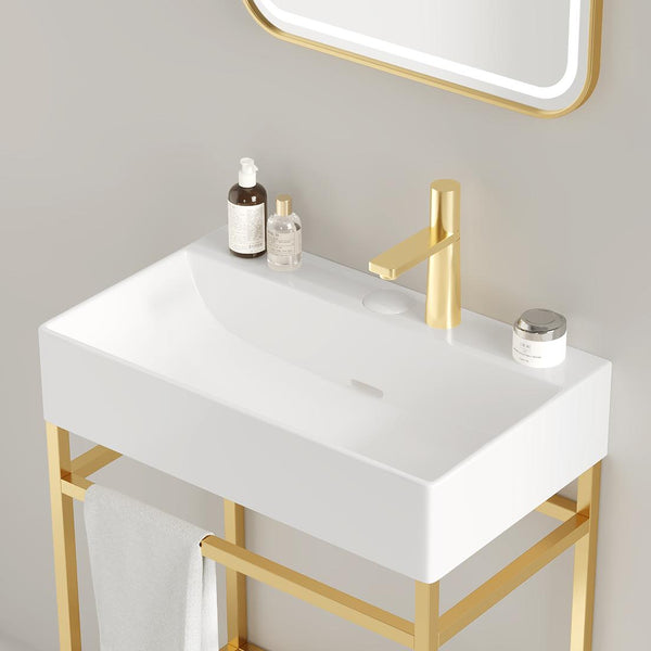 English Elm LOFI Ceramic Integrated Bathroom Vanity 24" with Rectangular Basin, Open Metal Shelf, Easy Clean Gold,White W2615S00080