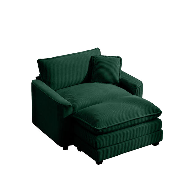 English Elm Comfortable Single Chair With Footstool And Pillow - Luxurious Green Corduroy For Living Spaces W714S00702
