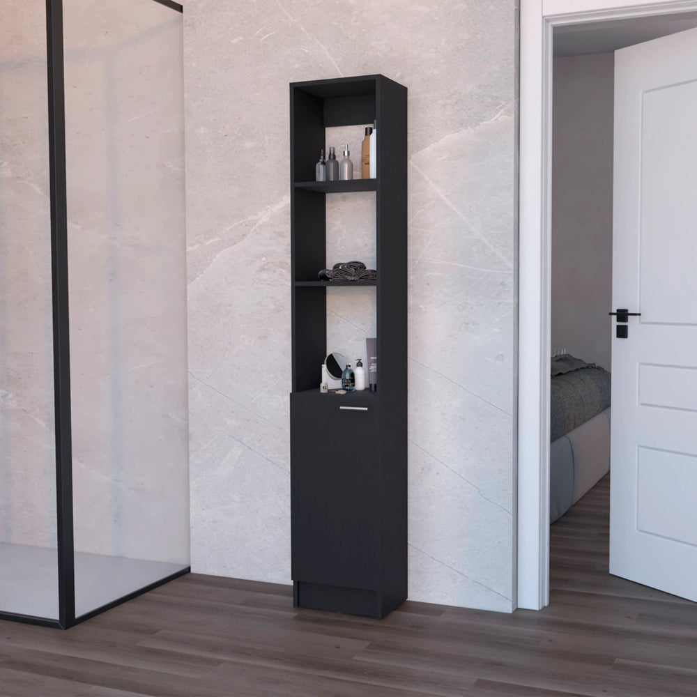 English Elm Wenge Linen Cabinet Tall 70.9" x 13" x 10.4" — Modern 1-Door Bathroom Storage with 5 Shelves & Open Display B062P193662