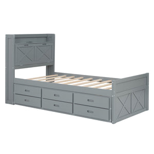 English Elm Twin Storage Bed with Headboard Outlets, Extendable Trundle & 3 Drawers, Durable MDF/Plywood Design Gray 45.5 L x 21.5 W x 8 H N733S172839E