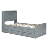 English Elm Twin Size Wooden Bed With Storage Headboard With Outlets, Extendable Bed With Twin Size Trundle With Three Storage Drawers,Gray