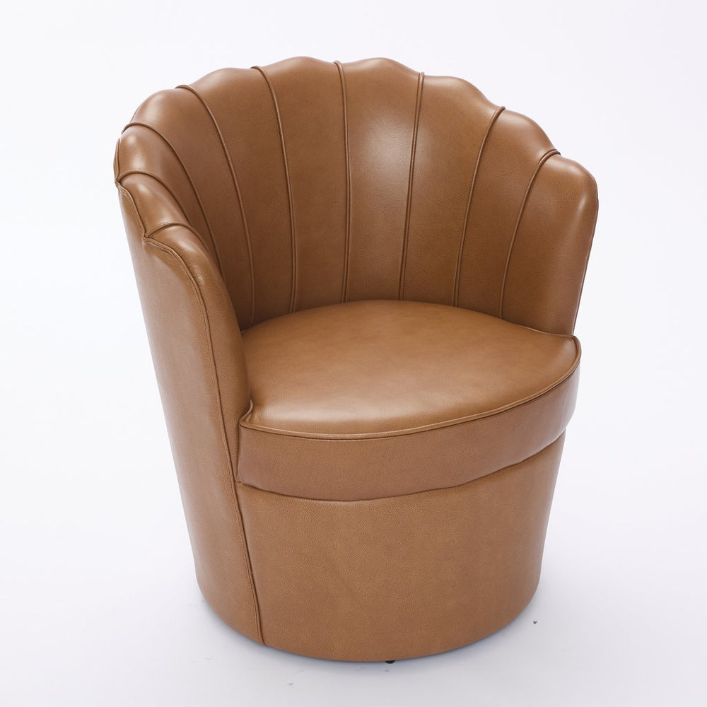 English Elm Light Brown Petal Swivel Chair — 360° Metal Base, Top-Grain Leather Wingback, Fluted Curve Accent Seat W570P375734