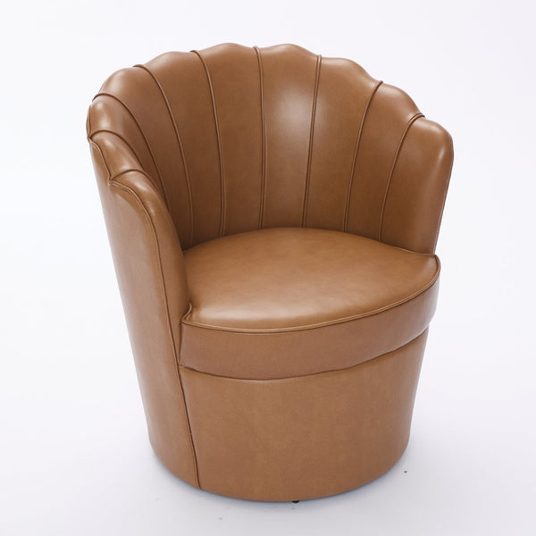 English Elm Light Brown Petal Swivel Chair — 360° Metal Base, Top-Grain Leather Wingback, Fluted Curve Accent Seat W570P375734