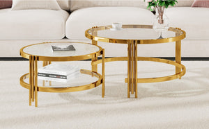 English Elm Modern Nesting Coffee Table Set Textured Tempered Glass Gold Tripod Base Living Room N735P354005A