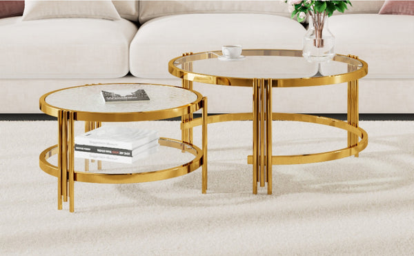 English Elm Modern Nesting Coffee Table Set Textured Tempered Glass Gold Tripod Base Living Room N735P354005A