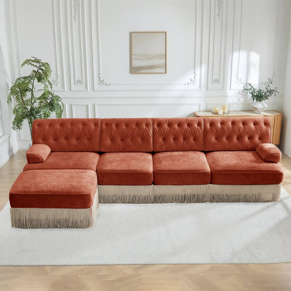 English Elm 135" Chesterfield Velvet Sectional with Tufted Back Tassel Skirt and Modular Living Room Design Red+Brown W714S01726