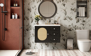 English Elm 30" Mid-Century Bathroom Vanity with Ceramic Sink, Rattan Accent, 2 Soft-Close Drawers, Large Storage Space N710P265954B