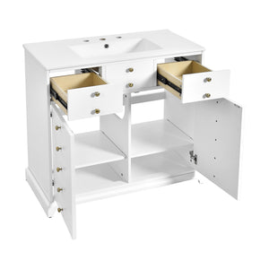 English Elm 36'' Bathroom Vanity with Ceramic Sink Combines Retro Solid Wood Frame, Soft-Close Drawers & Ample Storage White N710P195628K