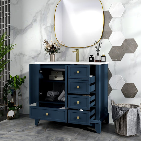 English Elm 35.6" Freestanding Bathroom Vanity with Roman Column Base and Ceramic Integrated Sink Blue W1801S00002
