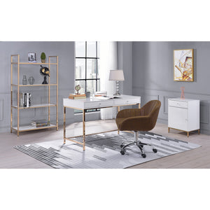 English Elm White White High Gloss and Gold 2-Drawer Writing Desk with Crystal Knobs, Sleek Contemporary Office Elegance B062P191050