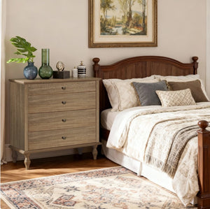 English Elm Large Antique Style 4-drawer Chest with Crown Molding Roman Legs Bedroom Storage Natural & Light Brown,Rustic Brown W1445P422421