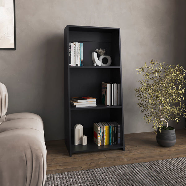 English Elm Bookcase Piney Black Engineered Wood, 3 Spacious Shelves, Contemporary Living Room Storage, Sturdy B092P245915