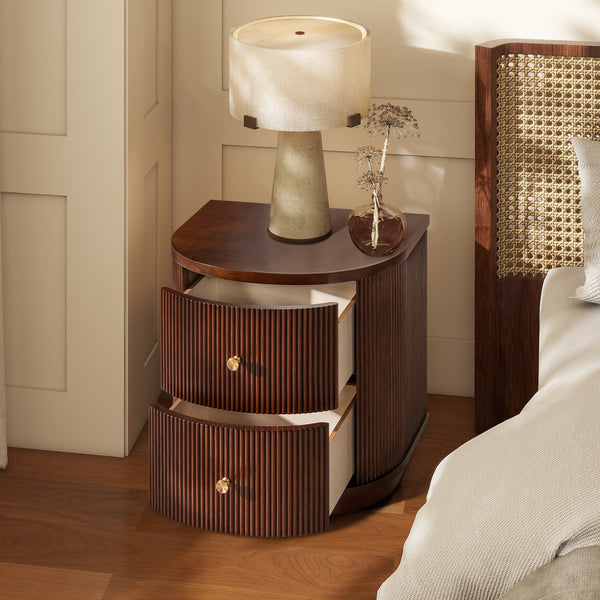 English Elm Jennifer Taylor Home - Valentine Half-Moon 24" 2-Drawer Side Table in Dark Walnut Beech Wood with Fluted Detail & Gold Pulls B2719P280173