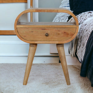 English Elm Circular Oak Nightstand with 1 Drawer & Open Slot, Solid Wood Nordic Legs, Timeless Modern Accent B182P166507