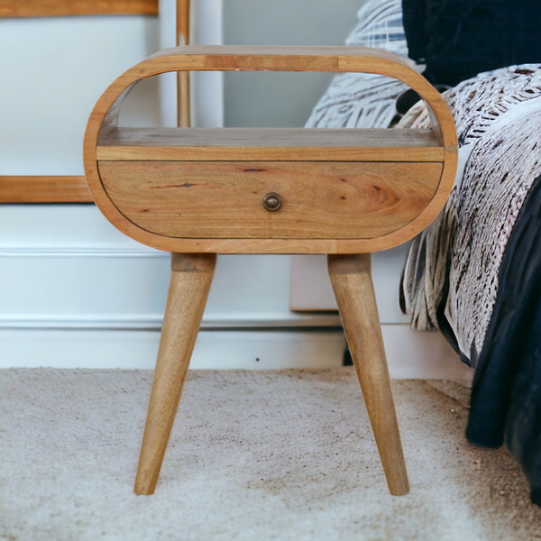 English Elm Circular Oak Nightstand with 1 Drawer & Open Slot, Solid Wood Nordic Legs, Timeless Modern Accent B182P166507