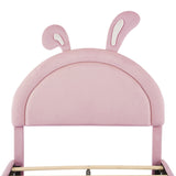 English Elm Twin Size Upholstered Rabbit-Shape Bed With 2 Storage Stools, Velvet Platform Bed With Cartoon Ears Shaped Headboard, Pink