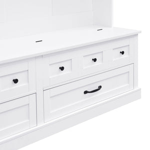 English Elm ON-TREND Elegant Wide Hall Tree with Lift-Top Storage Bench, 5 Hooks, 2 Drawers, Retro Handles, 59" W White N721P234409K