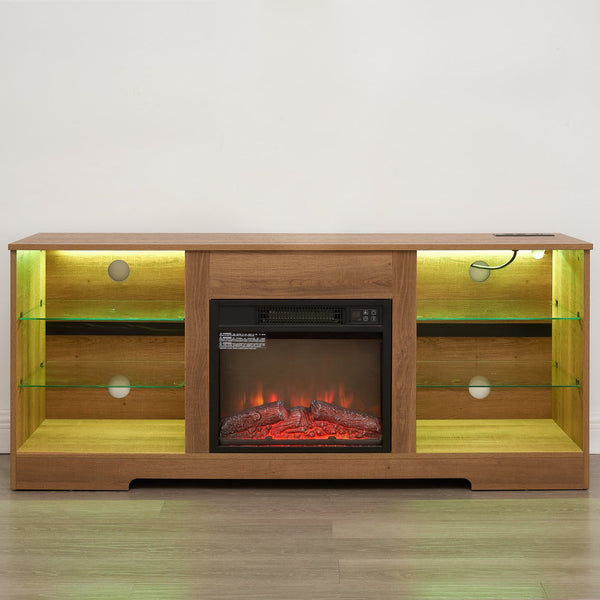 English Elm TV LED Fireplace TV Stand with Bluetooth LED Lights, Remote, USB Charging & Ample Storage, 58" Oak W2275P257558